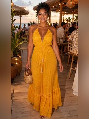 NWOT Golden Marigold Silk Blend Halter Maxi Dress